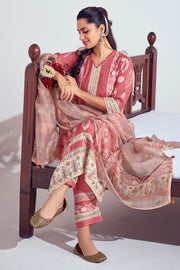 Pure Moga Silk Embroidery And Batik Print Long Straight Cut Salwar Kameez